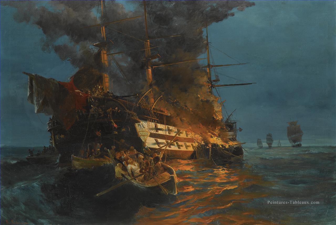 L’incendie d’une frégate turque par Konstantinos Volanakis Batailles navales Peintures à l'huile